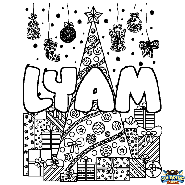 Coloring page first name LYAM - Christmas tree and presents background