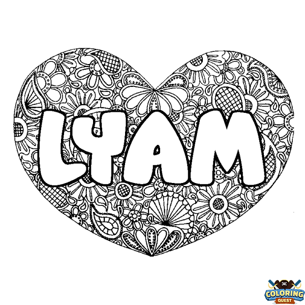 Coloring page first name LYAM - Heart mandala background