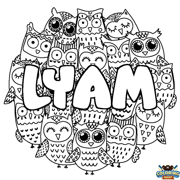 Coloring page first name LYAM - Owls background