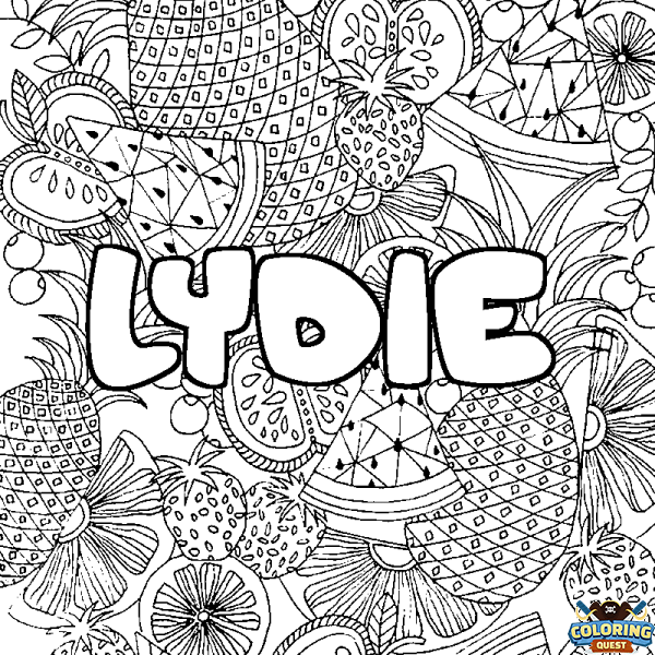 Coloring page first name LYDIE - Fruits mandala background