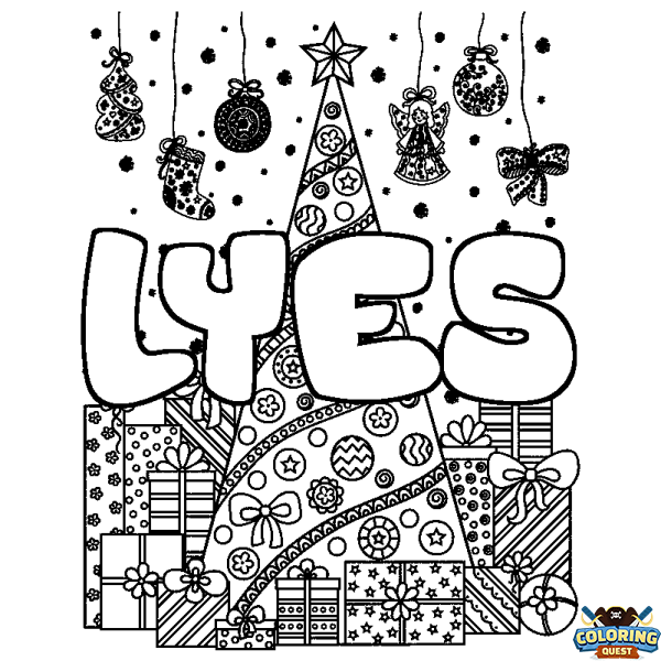 Coloring page first name LYES - Christmas tree and presents background