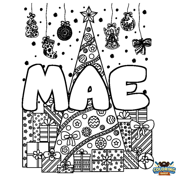 Coloring page first name MAE - Christmas tree and presents background