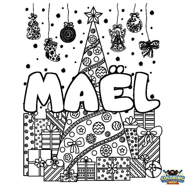 Coloring page first name MA&Euml;L - Christmas tree and presents background