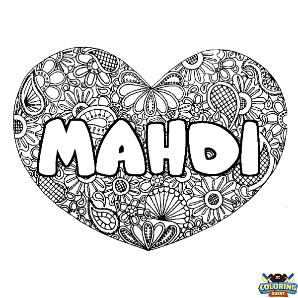 Coloring page first name MAHDI - Heart mandala background