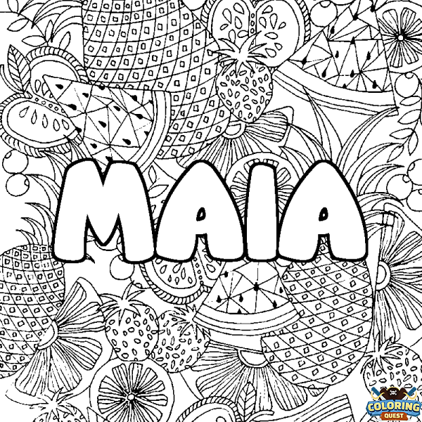 Coloring page first name MAIA - Fruits mandala background