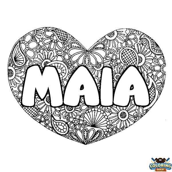 Coloring page first name MAIA - Heart mandala background