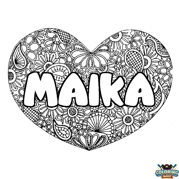 Coloring page first name MAIKA - Heart mandala background