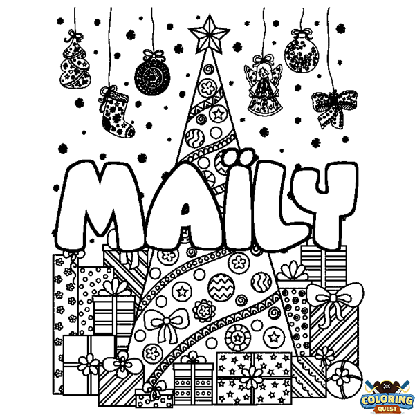 Coloring page first name MA&Iuml;LY - Christmas tree and presents background