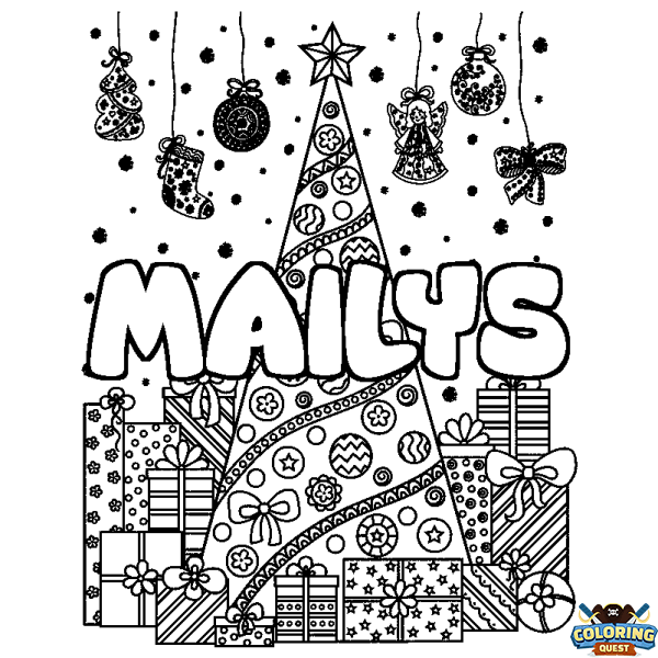 Coloring page first name MAILYS - Christmas tree and presents background