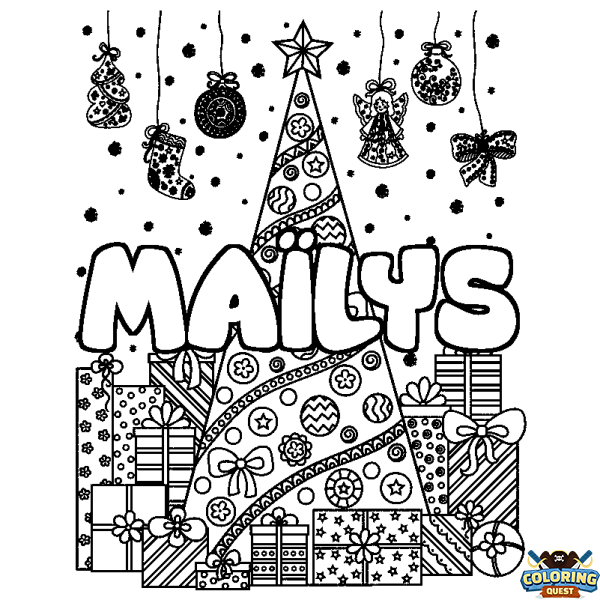 Coloring page first name MA&Iuml;LYS - Christmas tree and presents background