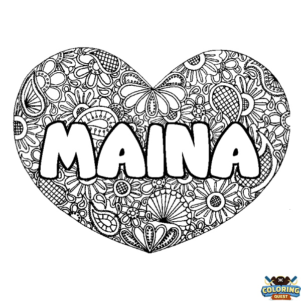 Coloring page first name MAINA - Heart mandala background