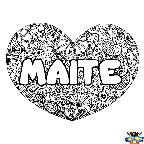 Coloring page first name MAITE - Heart mandala background