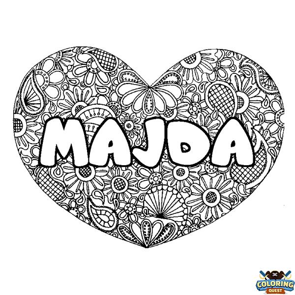 Coloring page first name MAJDA - Heart mandala background