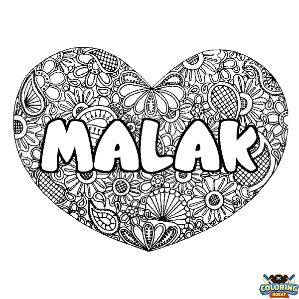 Coloring page first name MALAK - Heart mandala background