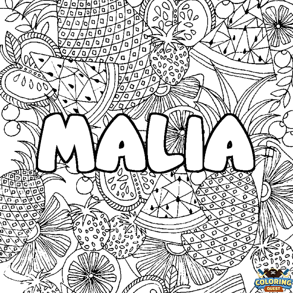 Coloring page first name MALIA - Fruits mandala background