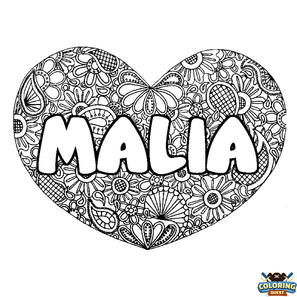 Coloring page first name MALIA - Heart mandala background