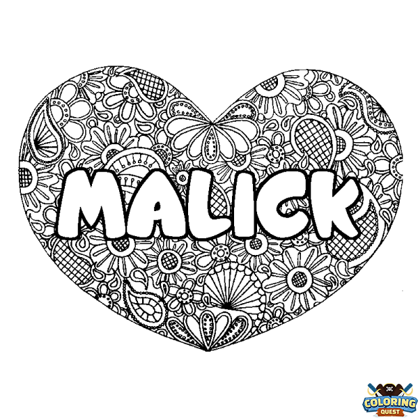 Coloring page first name MALICK - Heart mandala background