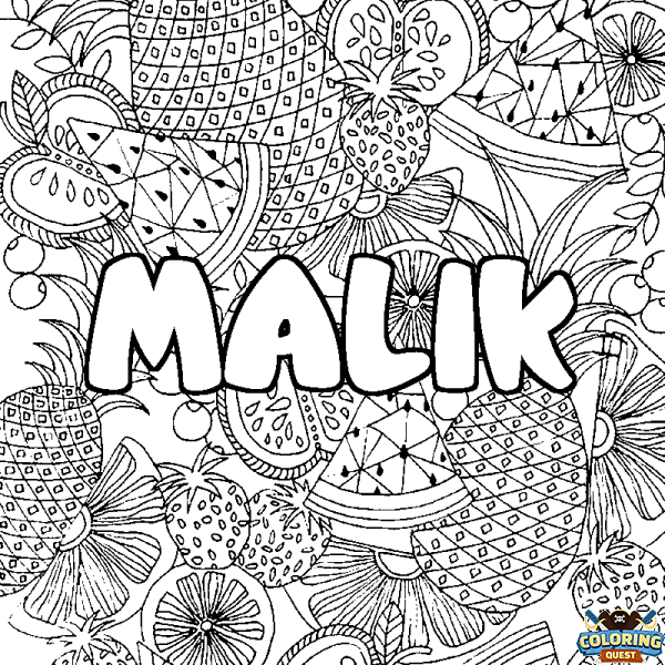 Coloring page first name MALIK - Fruits mandala background