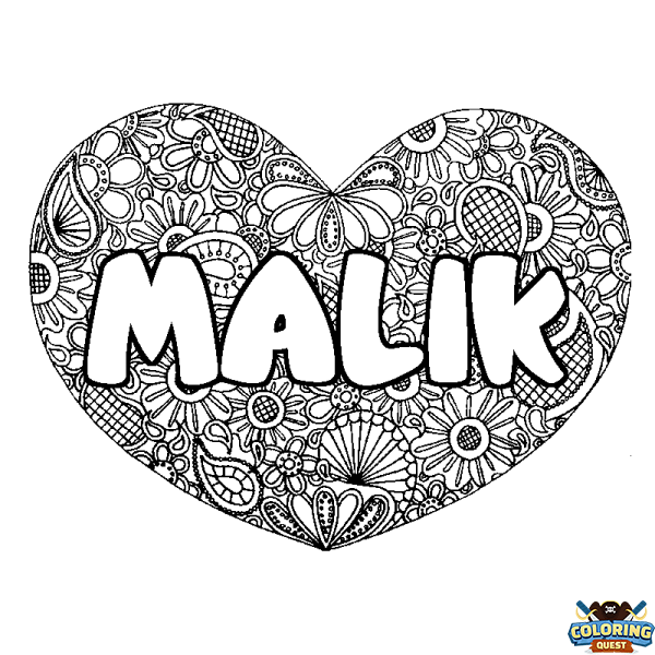 Coloring page first name MALIK - Heart mandala background