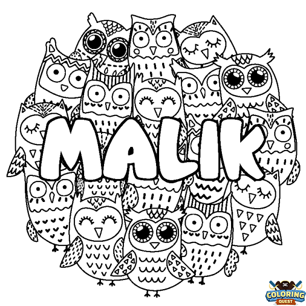 Coloring page first name MALIK - Owls background