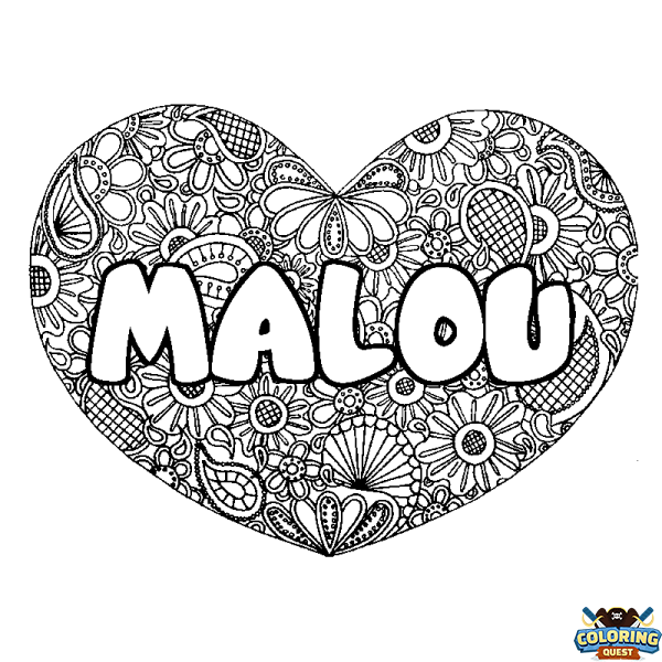 Coloring page first name MALOU - Heart mandala background