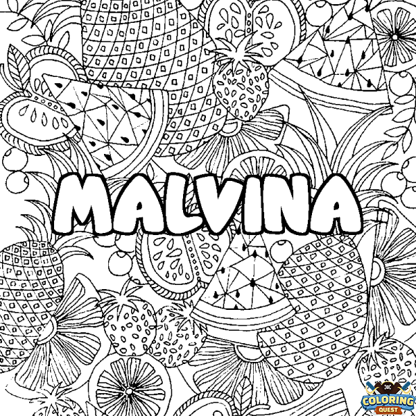 Coloring page first name MALVINA - Fruits mandala background