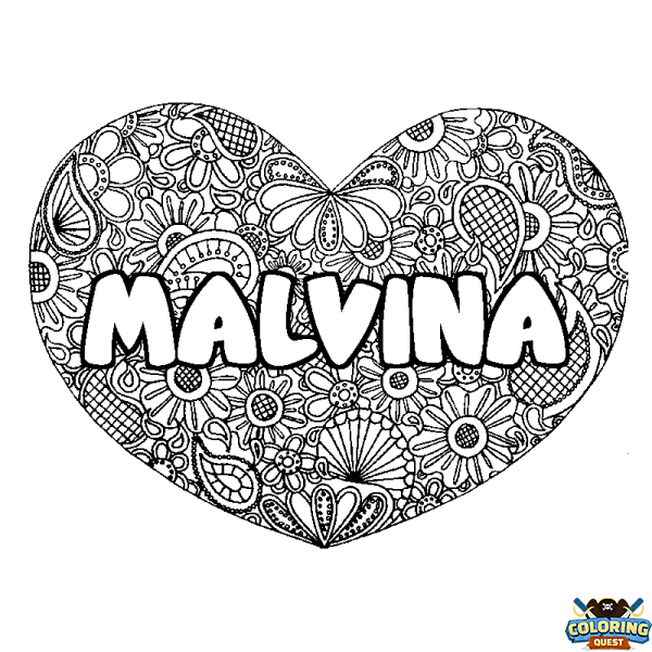 Coloring page first name MALVINA - Heart mandala background