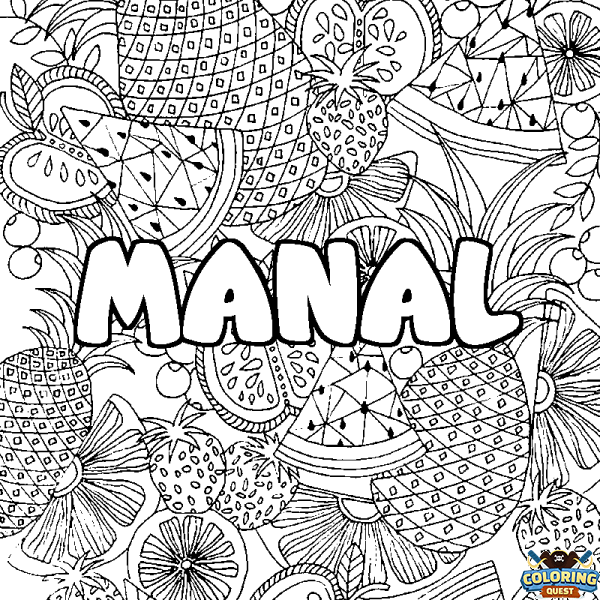 Coloring page first name MANAL - Fruits mandala background