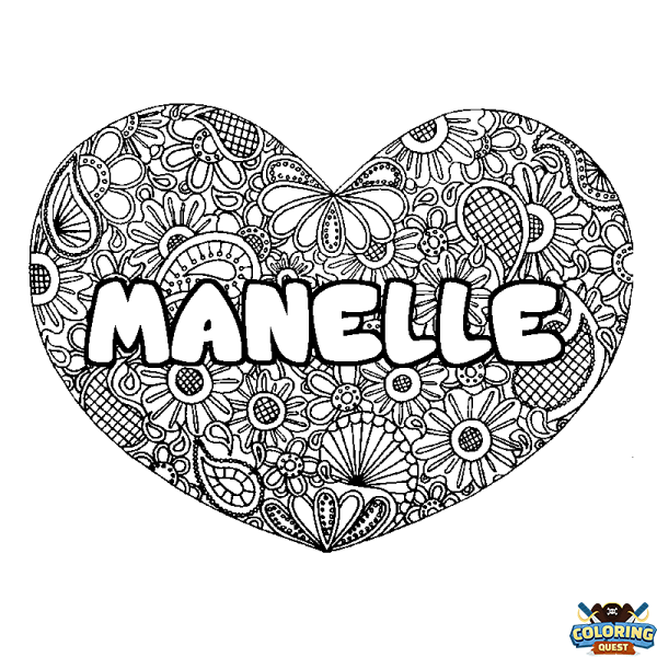 Coloring page first name MANELLE - Heart mandala background