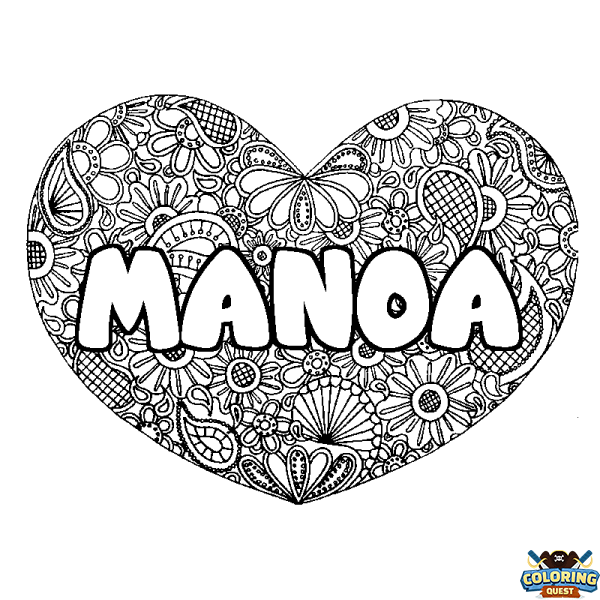 Coloring page first name MANOA - Heart mandala background