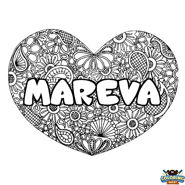 Coloring page first name MAREVA - Heart mandala background