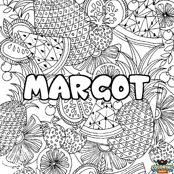 Coloring page first name MARGOT - Fruits mandala background