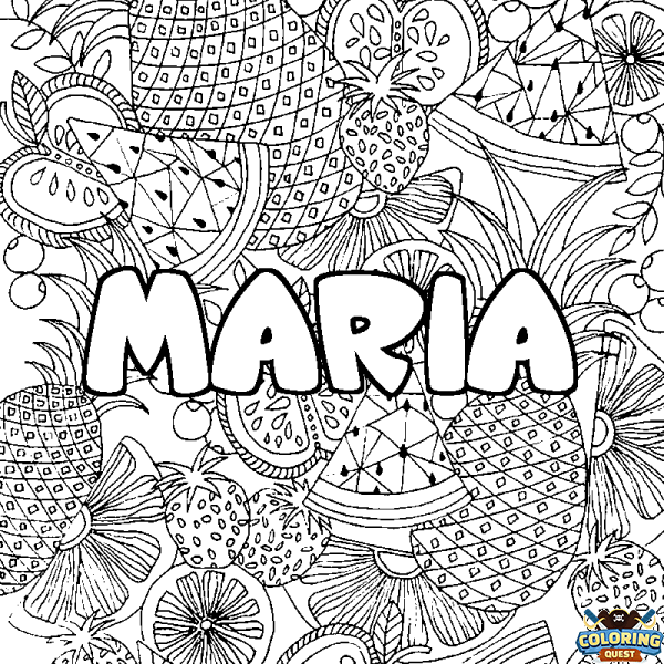 Coloring page first name MARIA - Fruits mandala background