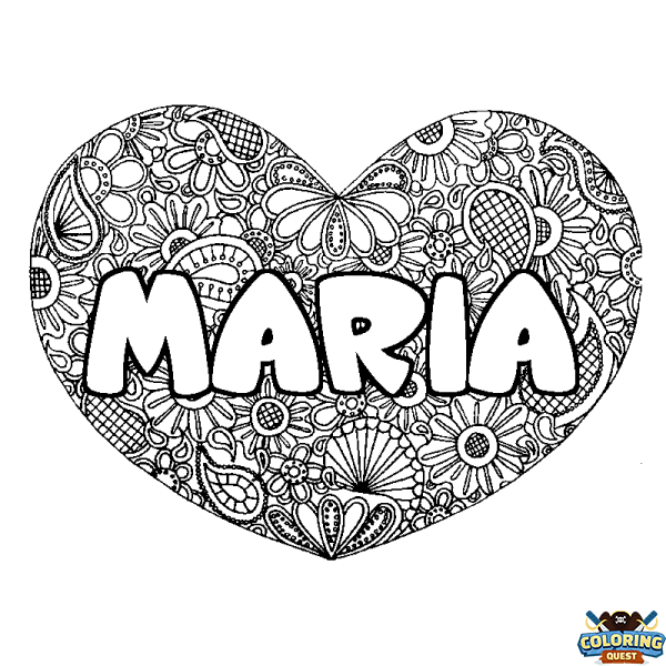 Coloring page first name MARIA - Heart mandala background