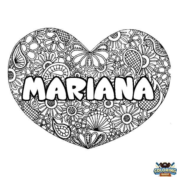 Coloring page first name MARIANA - Heart mandala background