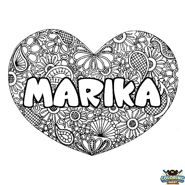 Coloring page first name MARIKA - Heart mandala background