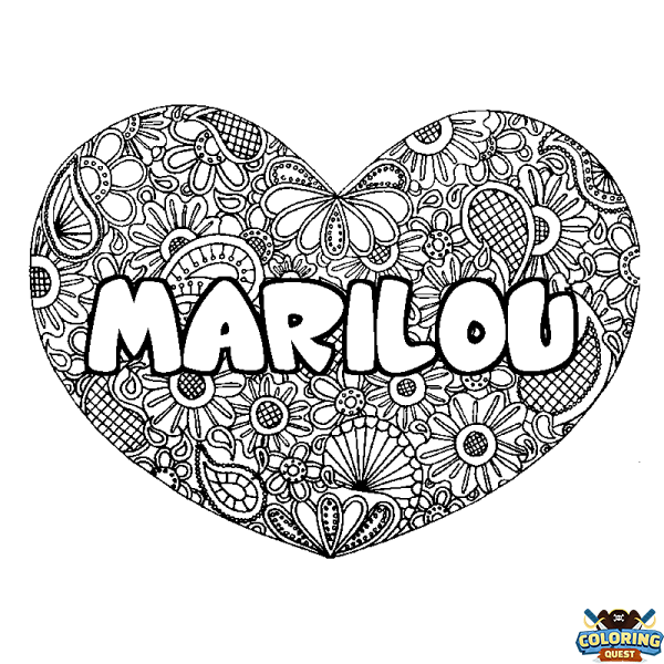 Coloring page first name MARILOU - Heart mandala background