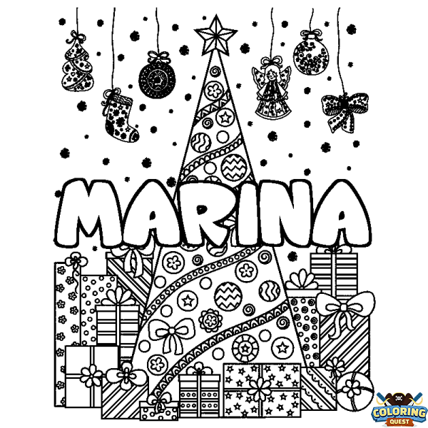 Coloring page first name MARINA - Christmas tree and presents background