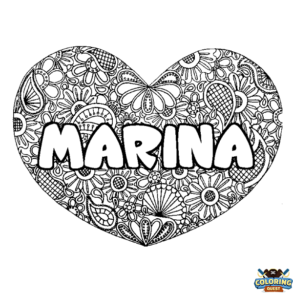 Coloring page first name MARINA - Heart mandala background