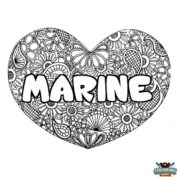 Coloring page first name MARINE - Heart mandala background