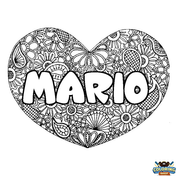 Coloring page first name MARIO - Heart mandala background