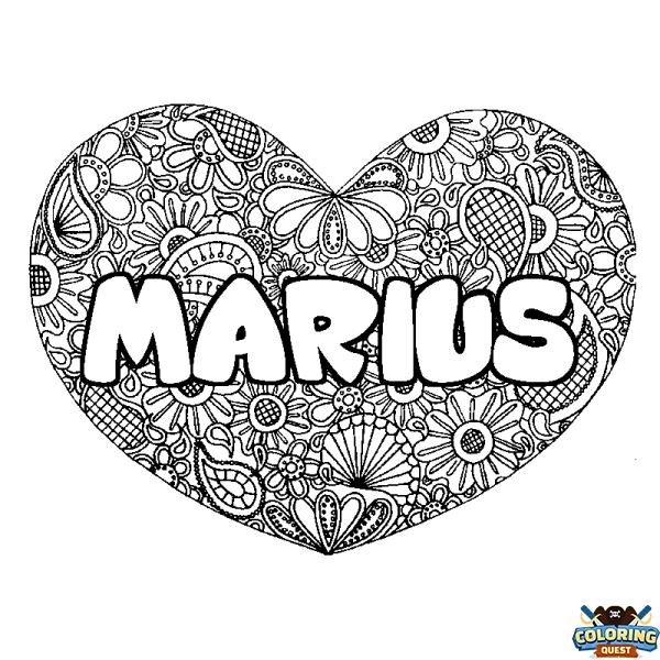 Coloring page first name MARIUS - Heart mandala background