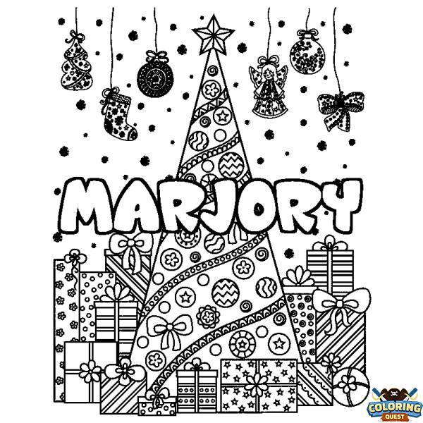 Coloring page first name MARJORY - Christmas tree and presents background