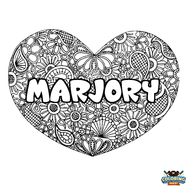 Coloring page first name MARJORY - Heart mandala background