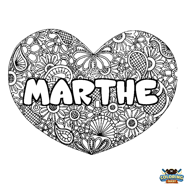 Coloring page first name MARTHE - Heart mandala background