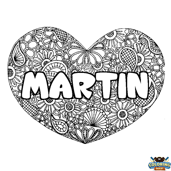 Coloring page first name MARTIN - Heart mandala background