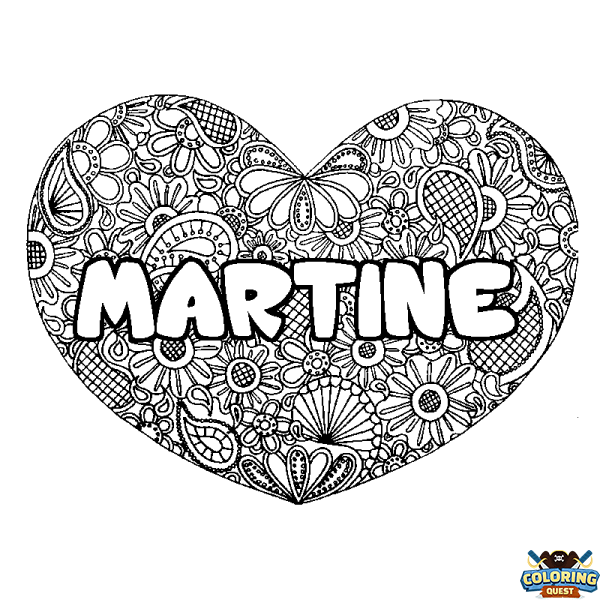 Coloring page first name MARTINE - Heart mandala background