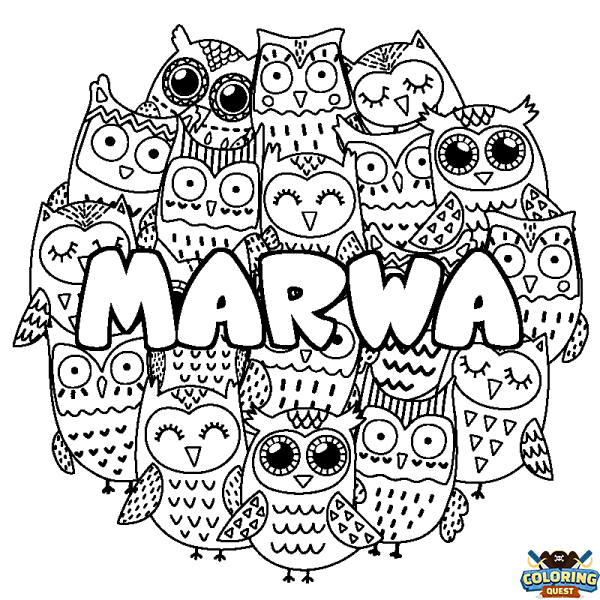 Coloring page first name MARWA - Owls background