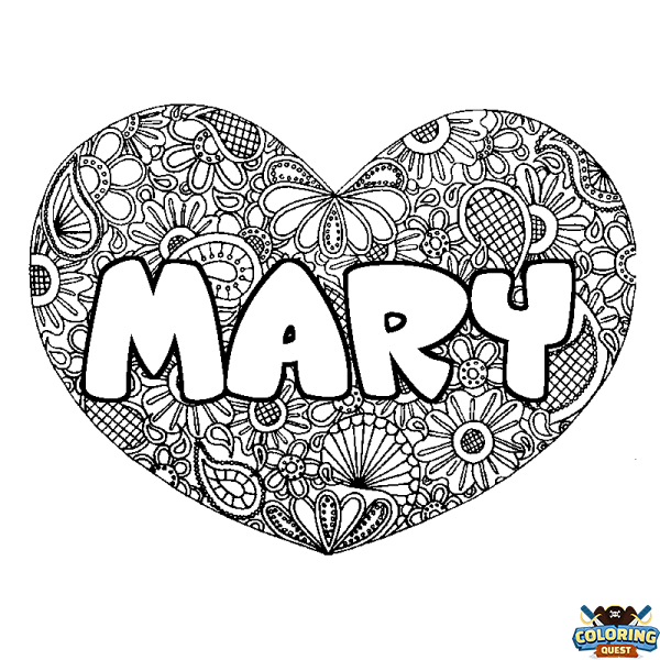 Coloring page first name MARY - Heart mandala background