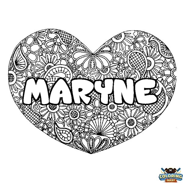 Coloring page first name MARYNE - Heart mandala background